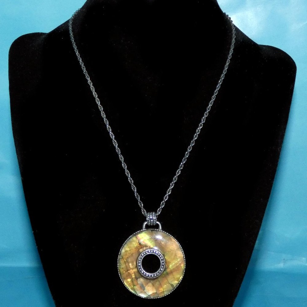 Vintage Signed DB Necklace Abalone Shell Round Circle Large Pendant Silver Tone